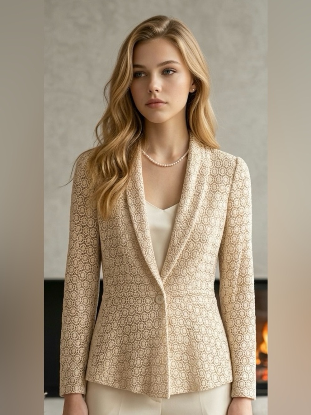 Cato Women’s Sz S Lace-Patterned single button semi sheer Blazer Cream